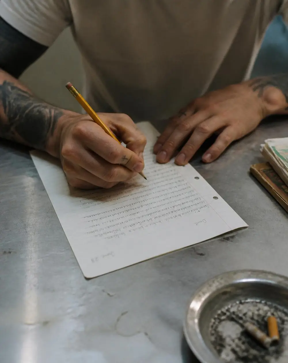 Manos escribiendo una carta a mano sobre una mesa metálica