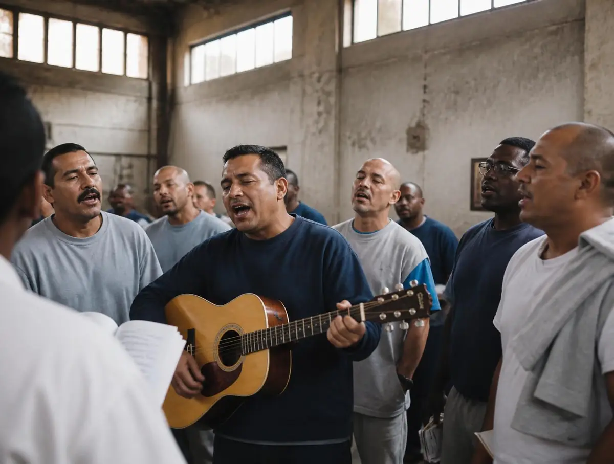 Grupo de hombres cantando y tocando guitarra en un salón