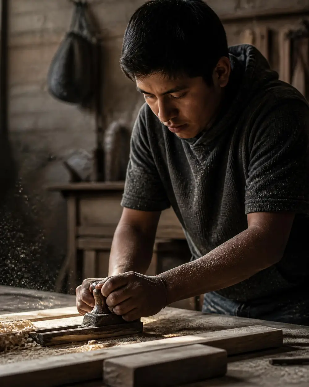 Joven aprendiendo carpintería en un taller